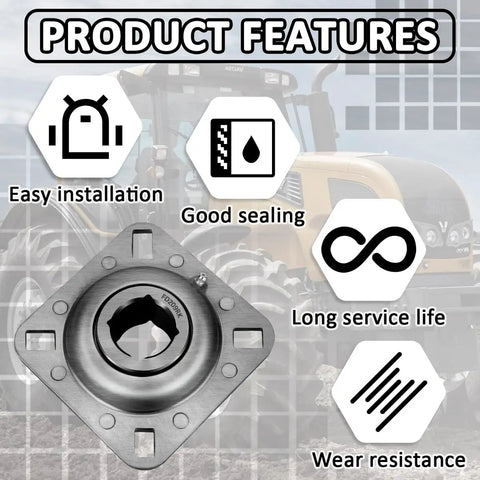 Beefed-Up Heavy Duty 1-1/4 Inch Square Bore Disc Harrow Flange Bearing Unit For Farm Gear with features text overlay