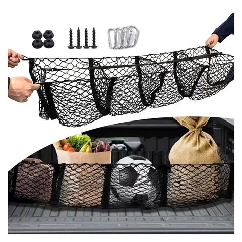 Heavy Duty 110 By 30 Cm Elastic Woven Trunk Cargo Net Secures Your Tesla Cybertruck 2024 with groceries and sports gear.