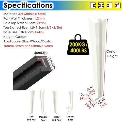Modern Glass Railing Kit With Slick Stainless Steel Posts For Indoor Outdoor Stairs Decks 150cm Privacy Panels specifications diagram.