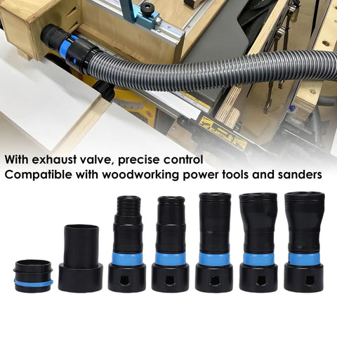 Yueshisy 7 Piece Vacuum Hose Adapter Kit With Quick Connectors And Exhaust Control Valve For Dust Collection System Compatible With 1-1/4 Inch Hoses, showing various adapter sizes and exhaust valve.