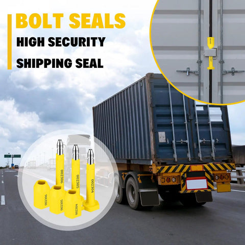 Heavy Duty Bolt Seals Yellow Bulk 100 Pack Built Tough, securing cargo containers on a truck, showcasing tamper evident locks.