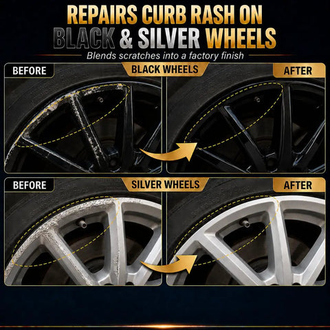 Image showing before and after results of Gloss Black Rim Touch Up Paint And Wheel Scratch Repair Kit For Curb Rash on black and silver wheels.