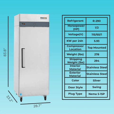 Top Shelf 23 Cubic Foot Reach In Freezer With Single Solid Door And Brushed Stainless Steel Finish showcasing dimensions and specifications.