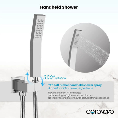 Handheld shower component of 10 Inch Rain Shower System With Rainfall Head Handheld Sprayer Waterfall Tub Spout Wall Mounted Mixer Rough In Valve And Trim Included 7.9 Inch Wide Spout Polished Chrome Finish High Flow 1.41 GPM Durable Brass Valve Easy Install, showing water spray feature.