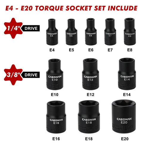 Eleven Piece Female Torx Socket Set With E Torx And Star Sockets Pro Grade Heavy Duty One Quarter And Three Eighths Inch Drives
