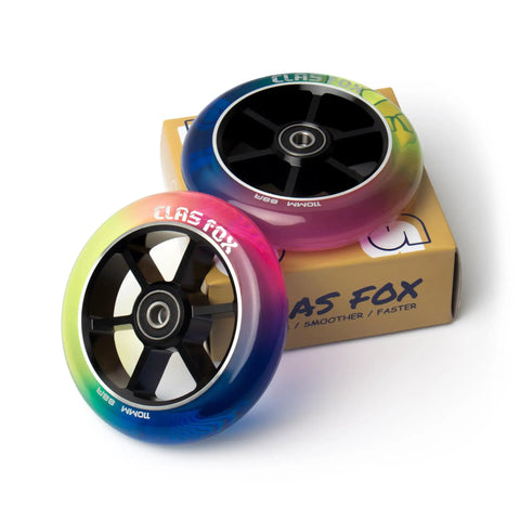 Top Shelf Pro Stunt Scooter Wheels 110Mm With Fast Rolling Abec 9 Bearings And Cnc Machined Aluminum Core mid rebound polyurethane shell in red yellow blue.