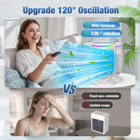Woman enjoying 4 In 1 Personal Evaporative Air Cooler with 1200ml Water Tank and USB power in living room, highlighting wide oscillation.