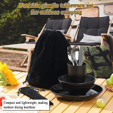 Camping Utensils Set For One Person, Portable Travel Silverware with Mug, Bowls, Plate, and Cutlery on outdoor table