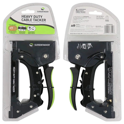 Heavy Duty Manual Staple Gun Cable Tacker for Electrical Cables and Wires Black Pro Grade Tool in packaging front and back view