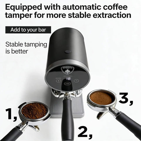 Precision Auto Espresso Tamper 58mm Electric Tamping Station With Smart Pressure Control on countertop with portafilters