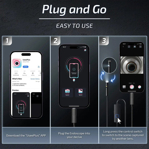 Dual Lens Endoscope Camera With Light For Tight Spaces 1920x1440 HD 2.0MP Sewer Inspection Camera 16.5 Ft Semi Rigid Cable 360 Degree View With Bright LEDs Waterproof Inspection Tool For Plumbing And Machines. Plug and Go app setup shown.