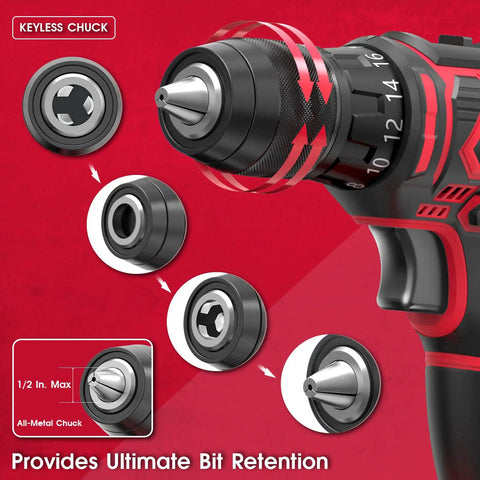 Close-up of 133 Piece Power Tool Kit Set With 20V Cordless Drill Half Inch All Metal Chuck Variable Speed with keyless chuck detail.