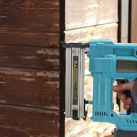 Real Deal Cordless Brad Nailer With High Capacity Lithium Ion Battery For No Hassle Woodworking Builds And Heavy Duty DIY Home Fixes That Flies True On Every Single Shift close-up view against wood surface.