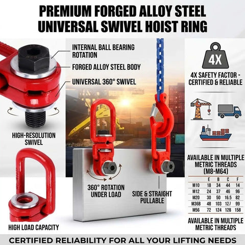 Bombproof Forged Alloy Steel Swivel Hoist Ring With Smooth 360 Degree Rotation And Legit 4X Safety Factor, showing rotating design and high load capacity.