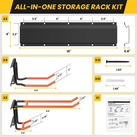 Garage Wall Mount Tool Organizer With Heavy Duty Hooks 48 Inch Steel Yard And Garden Tool Holder Holds Up To 450 Lbs For All Your Gear Rake Broom Mop Snowboard And More Keeps Your Workshop Shed And Garage Clutter Free shown in parts with measurements