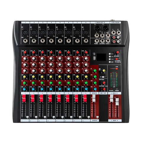 8-Channel Bluetooth Audio Mixer Console Pro USB DJ Mixing Board with Stereo 2-Track for Live Sound Studio and Home Recording