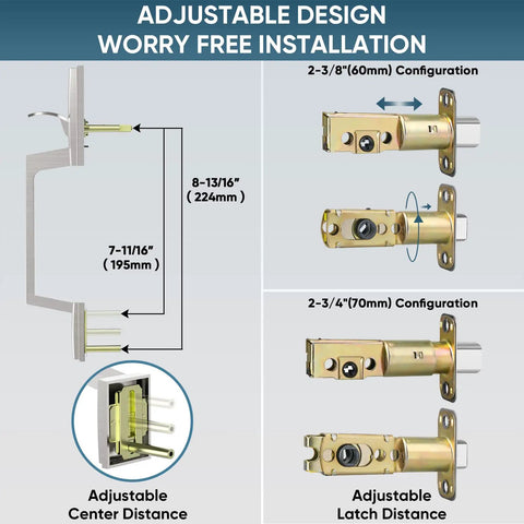 Heavy Duty Double Front Door Handle Set With Square Lever And Single Cylinder Deadbolt For Side By Side Exterior Doors, Satin Nickel Finish, adjustable design diagram showing measurements and latch configurations.