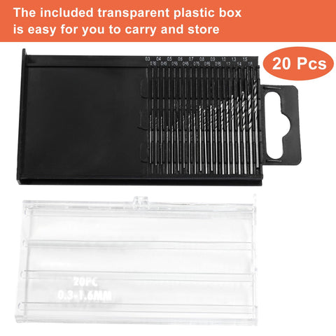Mini Drill Bit Set 0.3mm To 1.6mm, 20-Piece HSS Micro Twist Drill Bits for precision DIY projects in transparent storage box