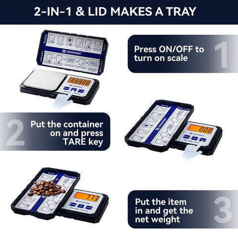 Instructional steps for using Pocket Gram Scale 200G 0.01G Precision with tare function and LCD display.