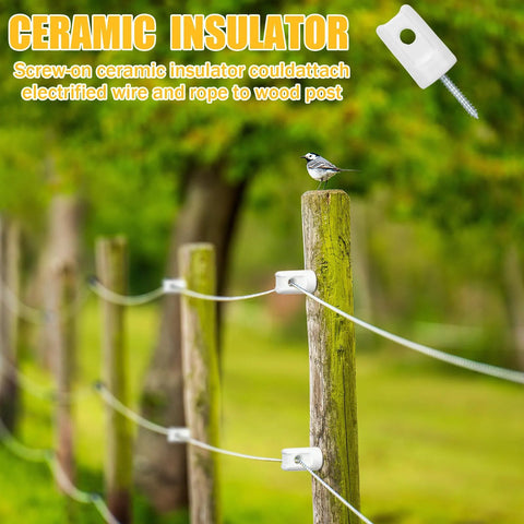 Ceramic fence insulator with lag screw installed on wooden post for electric fencing