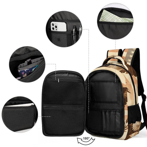 Interior view of Antique Eagle Arrow Branch Printed Unisex Backpack showing compartments and pocket details with smooth zipper.