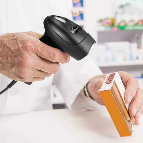 Person using handheld USB barcode scanner with adjustable stand for store supermarket and warehouse wired 1D 2D QR image reader reads paper or screen fast 32bit CPU up to 300 scans per second on product box