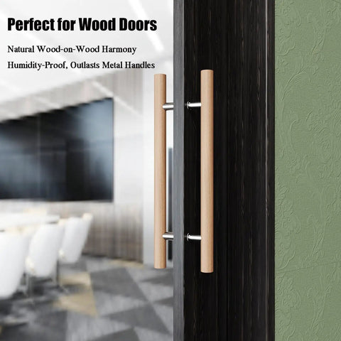 Premium Beech Wood Door Handle Push Pull Bar Featuring Rock Solid 304 Steel Connector For Sauna And Interior Doors No Sweat Setup Heavy Duty 12 Inch H Shape Hardware on dark door