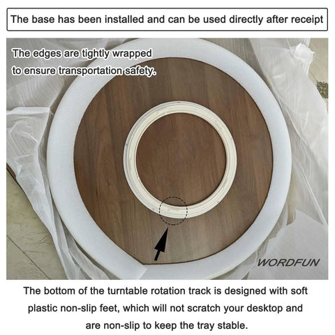 Solid 39 Inch Round Wooden Lazy Susan Rotating Serving Tray With Smooth Swivel Base and Super Grippy Non Slip Bottom, base installed with protective wrapping.
