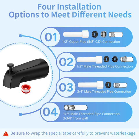 Diagram of Matte Black 3 Knob Shower Tub Faucet Set showcasing installation options with diverter spout and pipe connections.