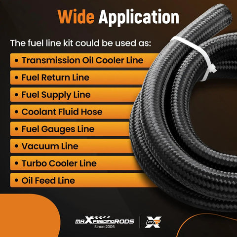 16AN Fuel Line Kit with applications for oil cooler, fuel supply, return lines, black nylon braid, 5 feet, 500 PSI, 2000 PSI burst