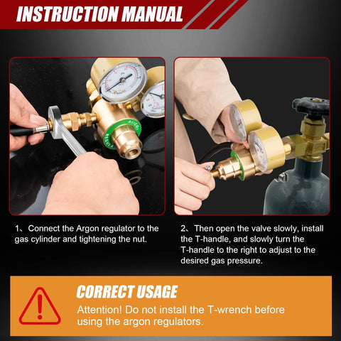 Instruction manual for dual gauge welding gas regulator installation and correct usage warning.