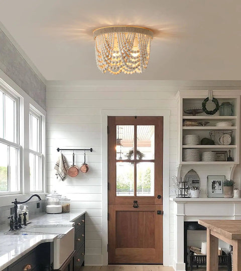 Boho Chic Wood Beaded Flush Mount Light Fixture, Rustic Farmhouse Three Light Chandelier in kitchen with natural hemp rope trim