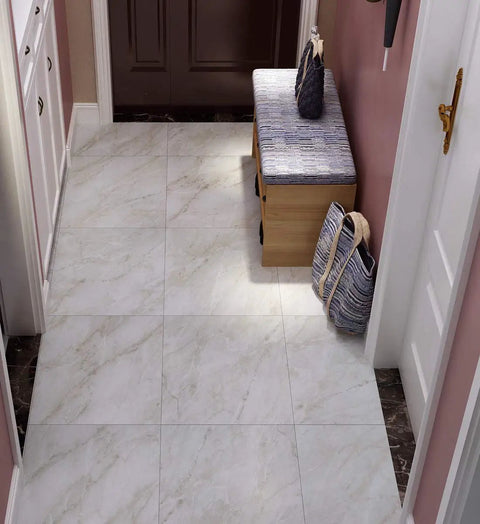 32 Pack Peel And Stick Floor Tiles 12x12 Light Grey Marble Vinyl Flooring in hallway