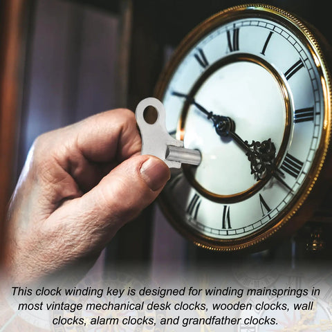 Hand using 3 Pack Wrench Clock Keys For Winding, 4.4mm Hole, 62mm Long Steel Clock Keys on vintage clock face