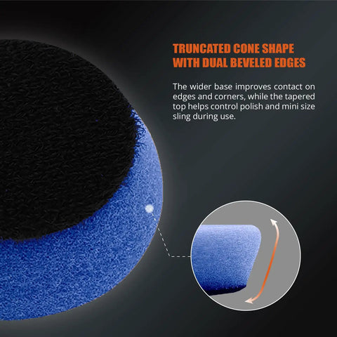 Top Shelf Blue High Cut Foam Buffing Pads To Sweep Nasty Swirls Away From Your Ride Fits Any Random Orbital Polisher with beveled edge and truncated cone shape.