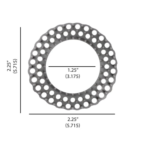 Gray Disposable Vanity Sink Drain Saver with dimensions, 2.25 inch wide, featuring holes for hair catching