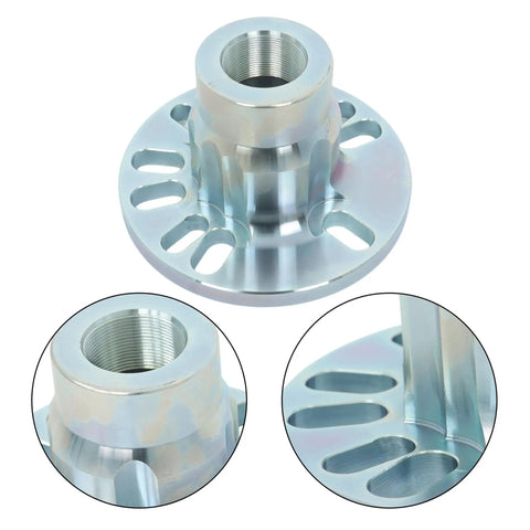 10 Ton Hydraulic Wheel Hub And Drive Shaft Puller Kit For 4 And 5 Stud Car Rides a close-up of a shiny metal wheel hub adapter with threaded center.
