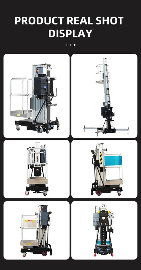Badass Lightweight Single Mast Vertical Aluminum Lift Portable Electric Aerial Platform displayed from multiple angles.