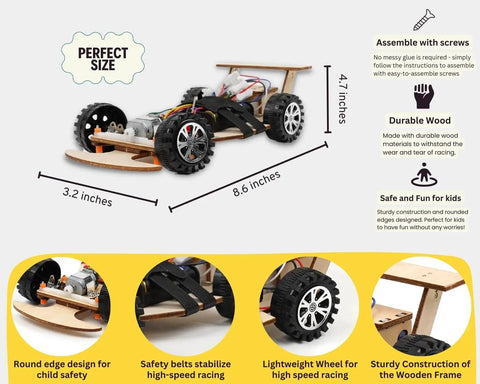 Wireless Remote Control F1 Car Kit For STEM Learning And Kid Friendly Hands On Projects Build, Race, And Explore Science With This DIY Model Car Kit For Kids, Students, And Classrooms, Family Friendly. Wooden DIY F1 car kit, 8.6-inch long, with size details