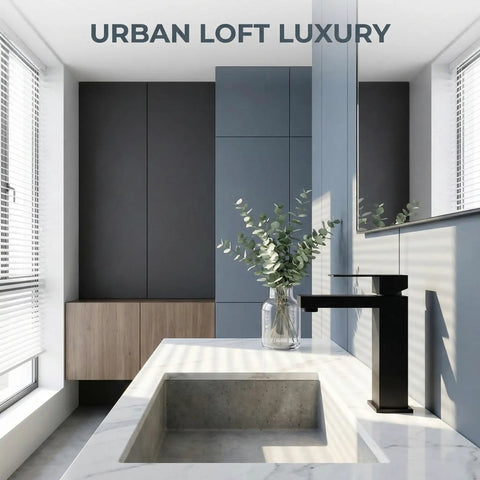 Go To Matte Black Bathroom Faucet With Smooth Single Handle And Included Pop Up Drain, Fresh Square Vanity Sink Tap by a marble countertop.