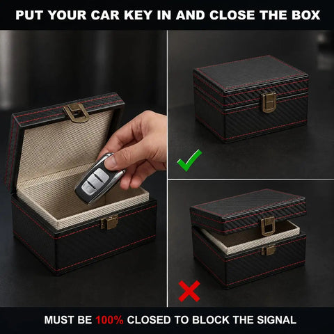 Faraday Key Fob Box For Car Keys, RFID Signal Blocking Case opened and closed with a hand placing a key inside, 4.6 x 3.6 x 2.5 inches