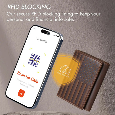 Trifold Leather Wallet For Men RFID Blocking With 12 Card Slots, American Flag Design, shown with smartphone RFID scan
