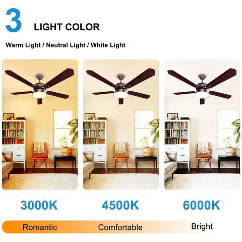 52 Inch Farmhouse Ceiling Fan With Light And Remote For Indoor Outdoor Spaces Bronze Finish 3CCT LED 6 Speed Reversible DC Motor Quiet 5 Blade Design Ideal For Patio Porch Bedroom Living Room showcasing light color options in warm, neutral, and bright tones.