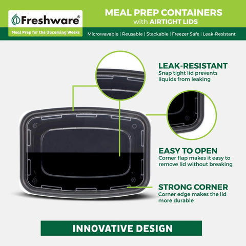 Diagram showing a 50 Pack Meal Prep Containers With Lids, 1 Compartment Bento Boxes, 24 Oz Each, BPA Free, with design features highlighted.