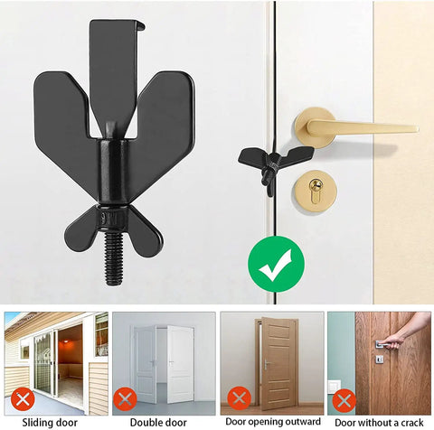 Portable Door Lock For Travel And Home Privacy, Compact Palm Size Security Device shown on door with illustrations