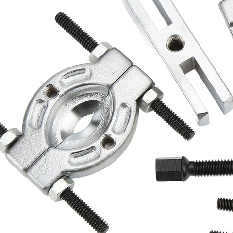 Close-up of metal components from the 9 Piece Bearing Puller Set Handy Mini Bearing Separator And Splitter Portable Heavy Duty Metal Bearing Removal Tool Kit.