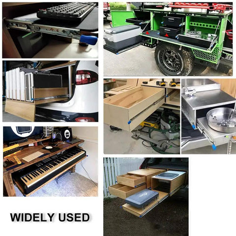 Various applications of full extension drawer slides with locking function for cabinets and furniture, 950mm bead slides, 2 pack.