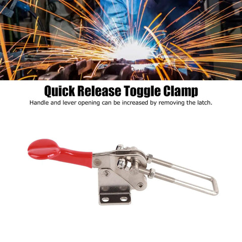 Heavy Duty Stainless Steel Quick Release Toggle Clamp With Ergonomic Plastic Handle For Adjusting Push Pull Latch That Secures Workpieces Up To 992lbs During Welding Or Assembly Tasks Without Slipping, with red handle.