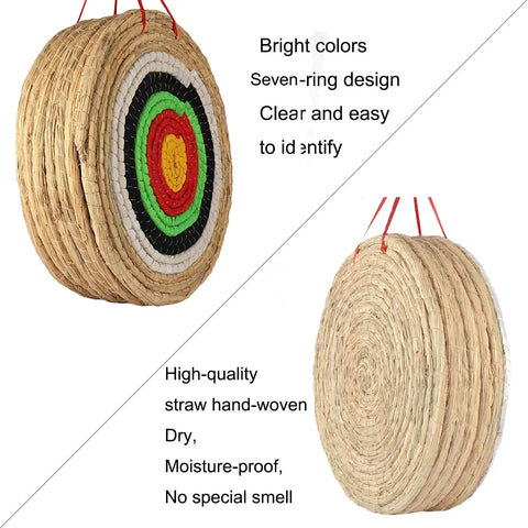 Traditional Handmade Archery Target with 7 Layer Straw Core for Backyard Practice, side and front views