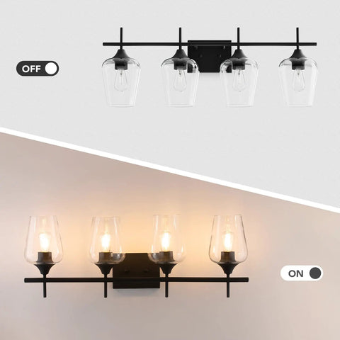 4 Light Vanity Light Fixture With Clear Glass Shades Black Finish Modern Industrial Style Over Mirror Wall Lamp Off On